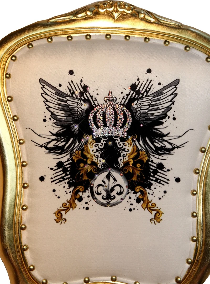 Casa Padrino Luxus Barock Esszimmer Stuhl Leopard / Weiß / Gold mit Glitzerkrone & Engelsflügel - Harald Glööckler Design - 50 x 60 x 104 cm