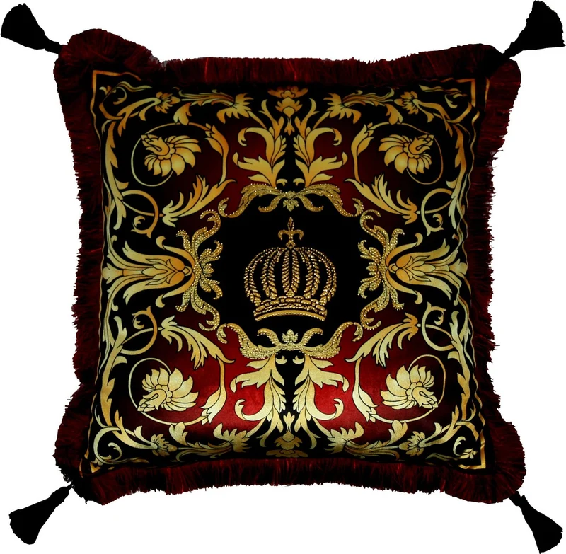 Casa Padrino Luxus Barock Kissen Pompöös by Harald Glööckler Bordeauxrot Gold Krone 50 x 50 cm mit Strass und Troddeln