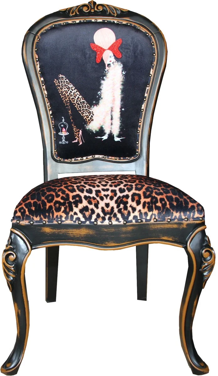 Casa Padrino Barock Luxus Esszimmer Stuhl Leopard / Schwarz / Braun Dame mit High Heels - Designer Möbel - Barockmöbel
