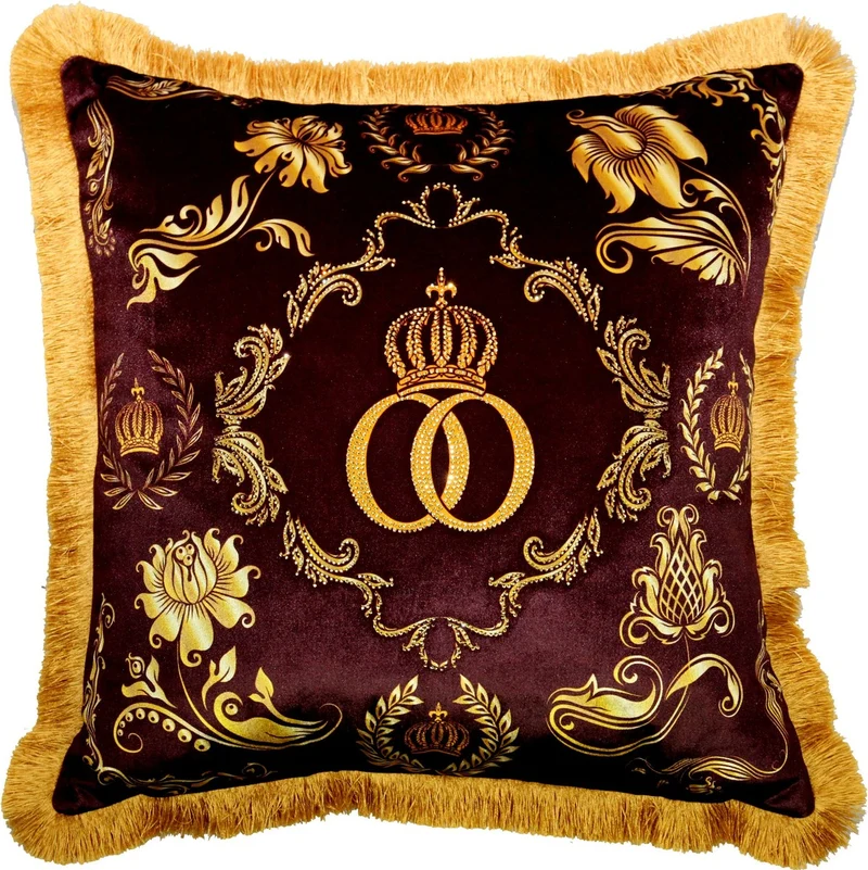 Casa Padrino Harald Glööckler Pompöös Luxus Kissen Bordeauxrot / Gold mit Krone und Strass Steinen 50 x 50 cm