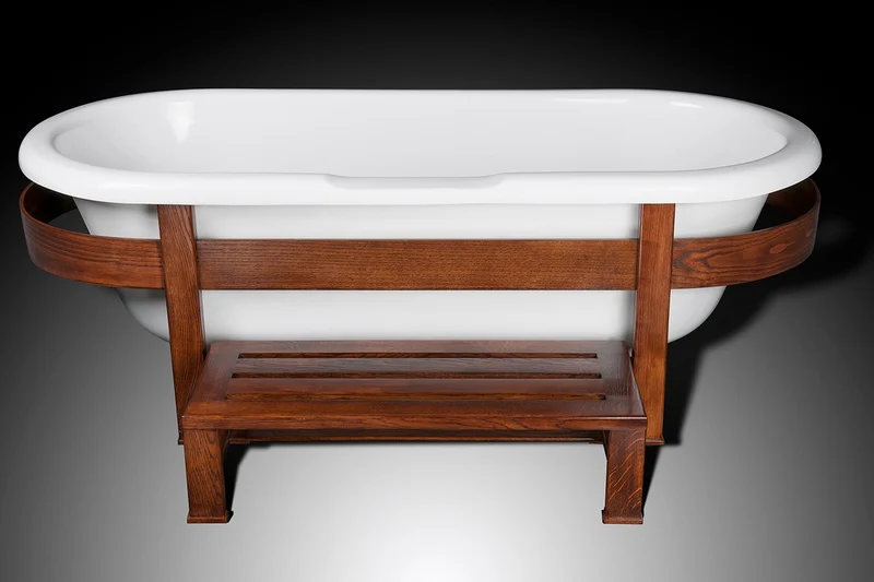 Casa Padrino Luxus Retro Badewanne Weiß / Dunkelbraun 178 x 76 x H. 73 cm - Freistehende Badewanne mit Holzrahmen und Stufe - Retro Badezimmer Möbel