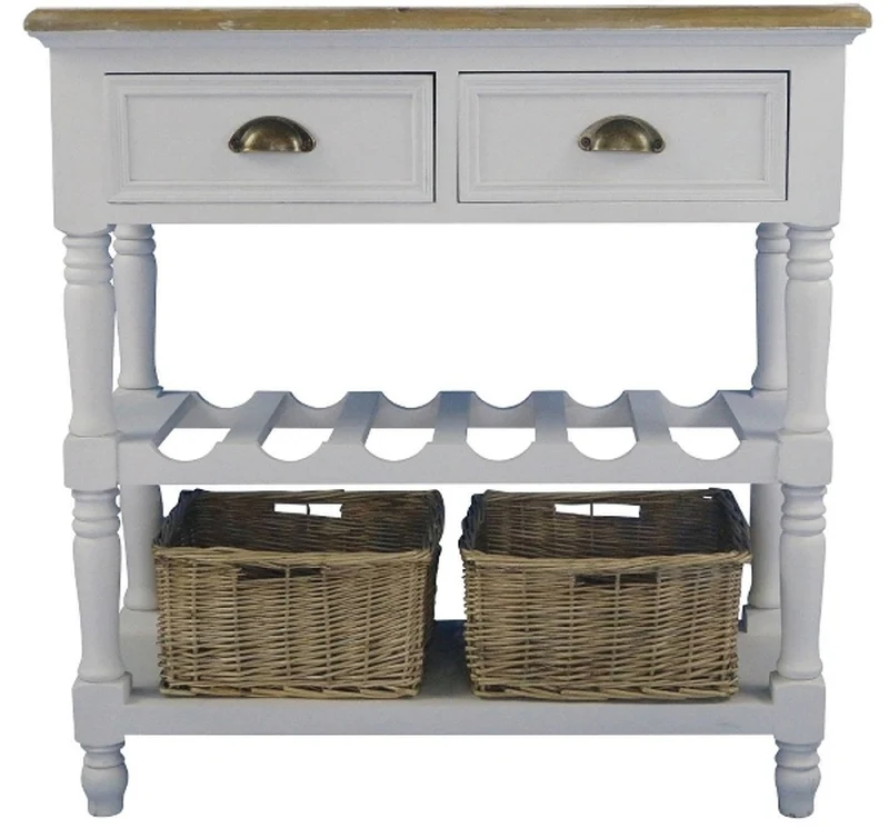 Casa Padrino Landhausstil Konsolentisch mit 2 Schubladen und 2 Rattankörben Antik Weiß / Naturfarben 77 x 30 x H. 77 cm
