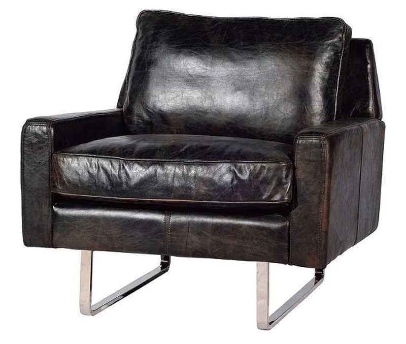 Casa Padrino Luxus Echtleder Sessel im englischen Stil Vintage Schwarz / Silber 87 x 86 x H. 83 cm