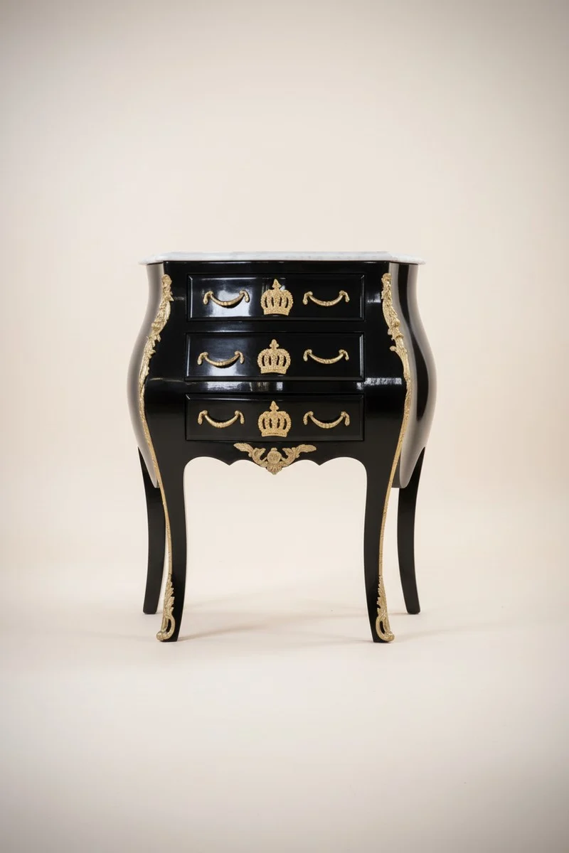 Casa Padrino Barock Kommode Pompöös von Harald Glööckler mit 3 Schubladen und Marmorplatte in Schwarz / Gold / Weiß, 63 x 41 x 78 cm