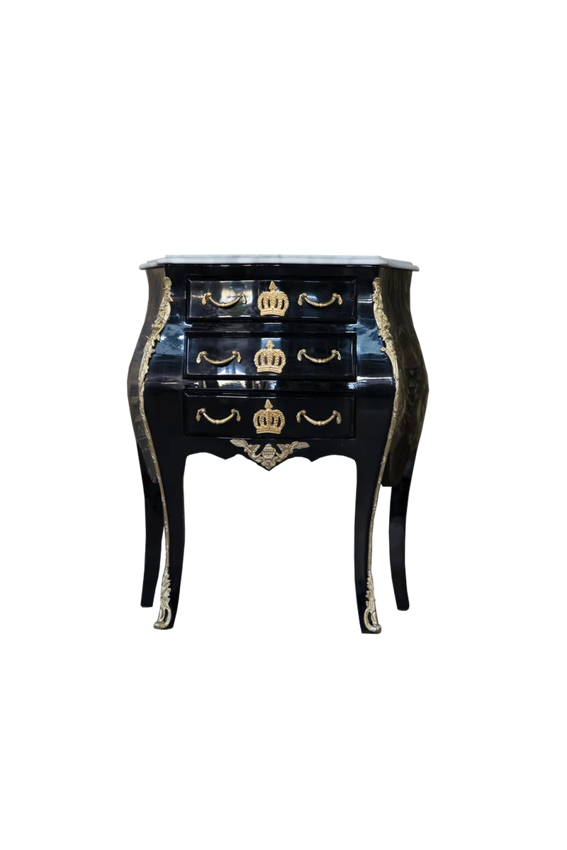 Casa Padrino Barock Kommode Pompöös von Harald Glööckler mit 3 Schubladen und Marmorplatte in Schwarz / Gold / Weiß, 63 x 41 x 78 cm