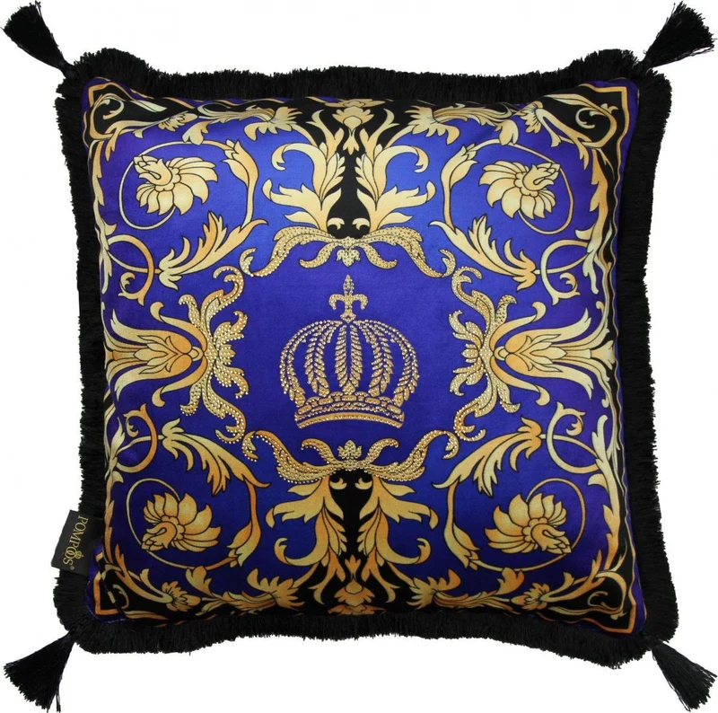 Casa Padrino Harald Glööckler Luxus Barock Kissen Pompöös Blau / Gold mit Krone, Strasssteinen und Troddeln 50 x 50 cm