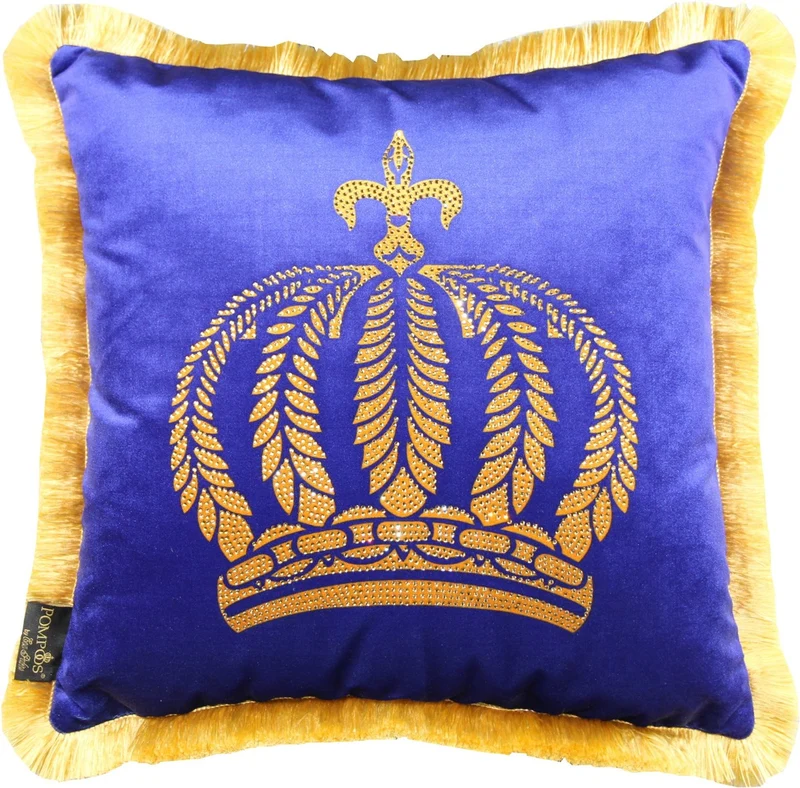 Casa Padrino Luxus Dekokissen Pompöös by Harald Glööckler Blau / Gold mit Krone und Strass Steinen 50 x 50 cm