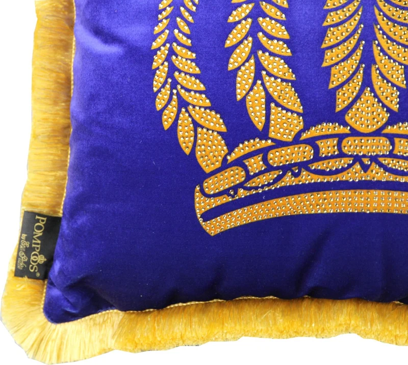 Casa Padrino Luxus Dekokissen Pompöös by Harald Glööckler Blau / Gold mit Krone und Strass Steinen 50 x 50 cm
