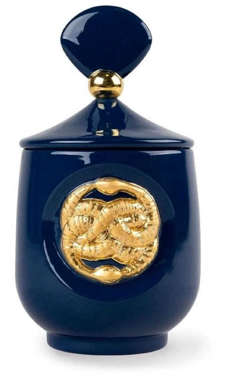 Casa Padrino Luxus Duftspender Schlangen Dunkelblau / Gold Ø 11 x H. 21 cm - Runder Porzellan Raumerfrischer mit Deckel - Deko Accessoires - Luxus Qualität