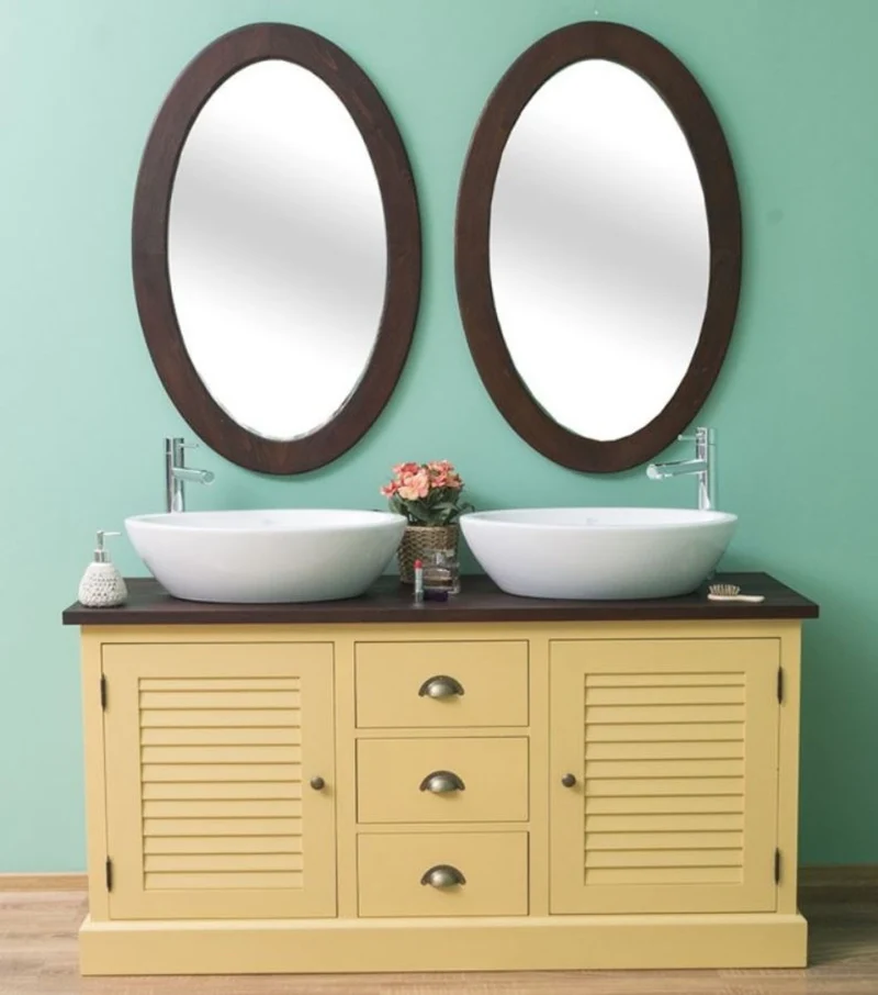 Casa Padrino Landhausstil Badezimmer Set Gelb / Dunkelbraun - 1 Doppelwaschtisch & 2 Wandspiegel - Massivholz Badezimmermöbel im Landhausstil