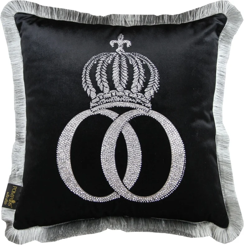 Casa Padrino Harald Glööckler Luxus Deko Kissen Pompöös Schwarz Silber mit Krone und Strass 50 x 50 cm