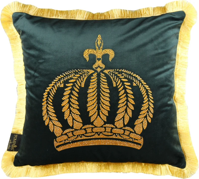 Casa Padrino Luxus Dekokissen Pompöös by Harald Glööckler Dunkelgrün / Gold mit Krone und Strass Steinen 50 x 50 cm