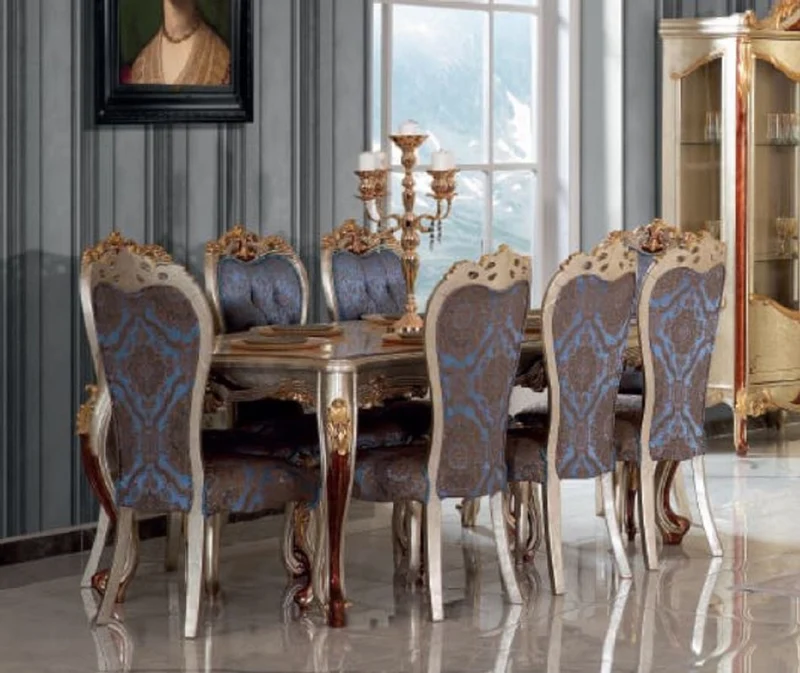 Casa Padrino Luxus Barock Esszimmer Set Blau / Silber - 1 Esstisch & 8 Esszimmerstühle - Prunkvolle Esszimmer Möbel im Barockstil