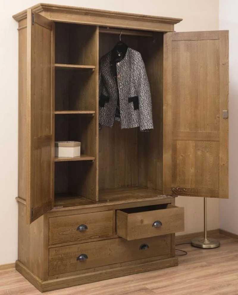 Casa Padrino Landhausstil Kleiderschrank Braun 121 x 59 x H. 197 cm - Massivholz Schlafzimmerschrank mit 2 Türen und 3 Schubladen - Landhausstil Schlafzimmer Möbel