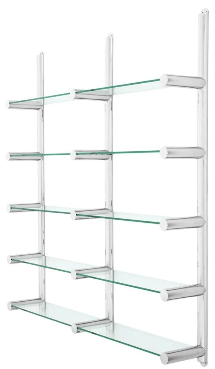 Casa Padrino Luxus Wandregal / Bücherregal in Silber - Edelstahl poliert und Glas - 211,5 x 33 x H. 228 cm