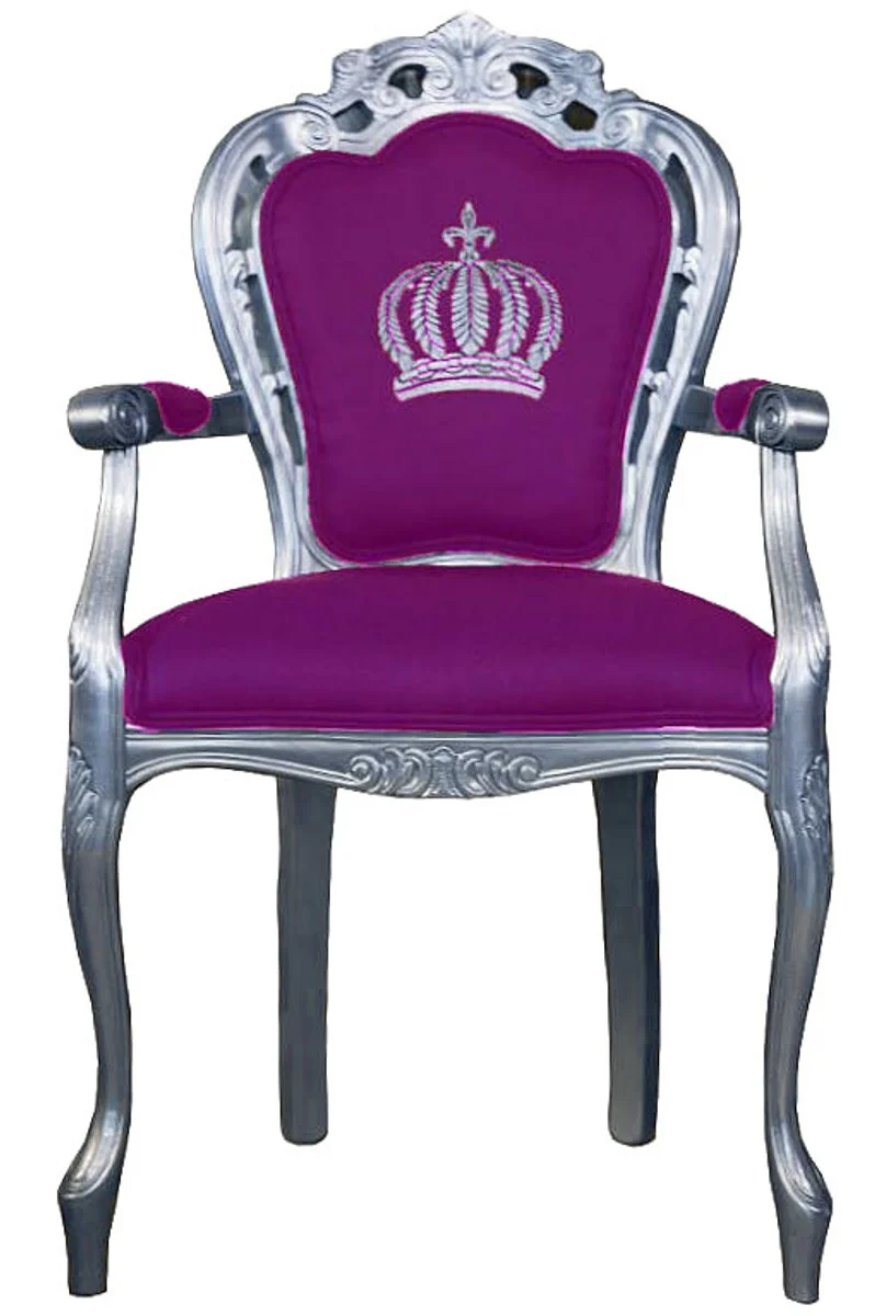 Casa Padrino Luxus Barock Esszimmerstuhl mit Armlehnen Pompöös Lila / Silber - Breite 48 cm, Tiefe 54 cm, Höhe 105 cm