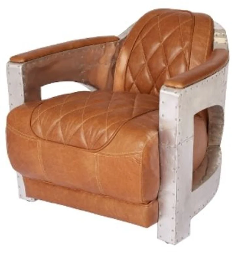 Casa Padrino Echtleder Club Sessel im englischen Stil Hellbraun / Silber 75 x 89 x H. 70 cm