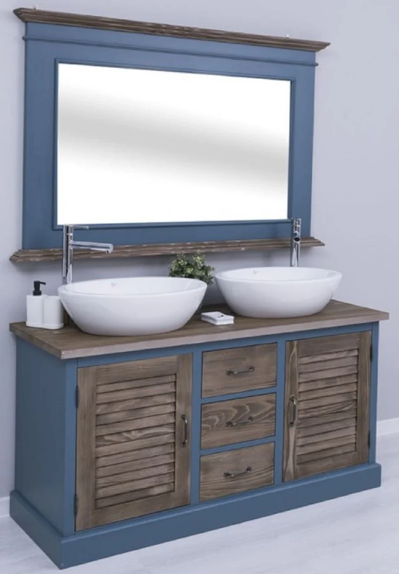 Casa Padrino Landhausstil Badezimmer Set Blau / Dunkelbraun - 1 Doppelwaschtisch & 2 Waschbecken & 2 Wasserhähne & 1 Wandspiegel - Massivholz Badezimmermöbel im Landhausstil