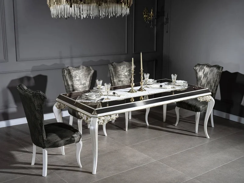 Casa Padrino Luxus Barock Esszimmer Set Grün / Gold / Weiß - 1 Esstisch mit Glasplatte & 6 Esszimmerstühle - Edle Esszimmer Möbel im Barockstil