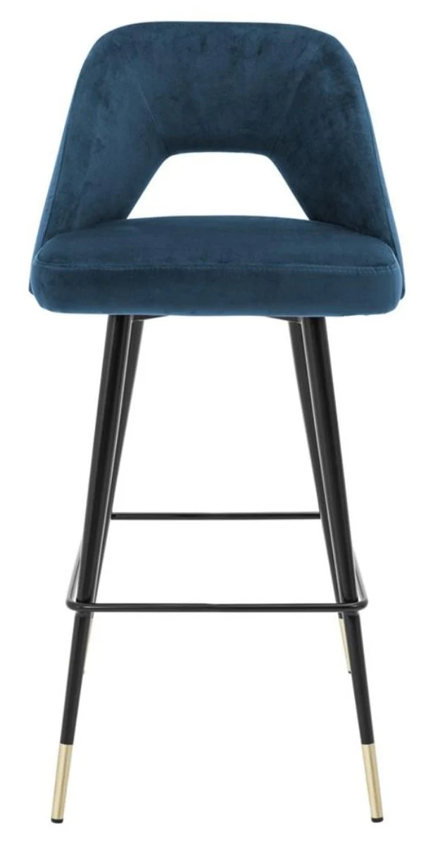 Casa Padrino Luxus Barstuhl Blau / Schwarz 50 x 50 x H. 100 cm - Barhocker mit Rückenlehne und Messing Akzenten