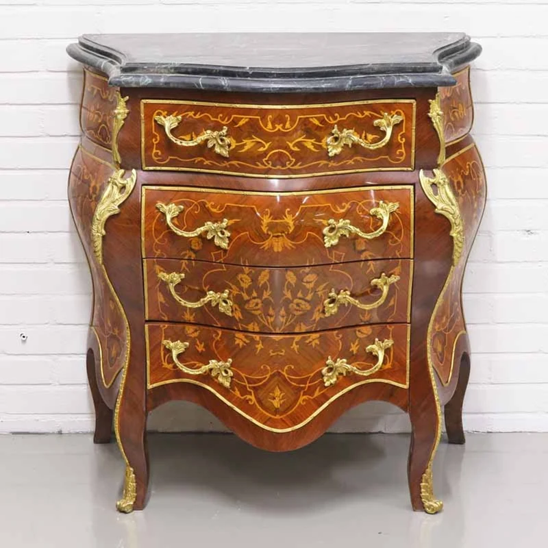 Casa Padrino Barock Kommode mit 4 Schubladen und Marmorplatte in braun / gold / schwarz 80 x 45 x H. 85 cm