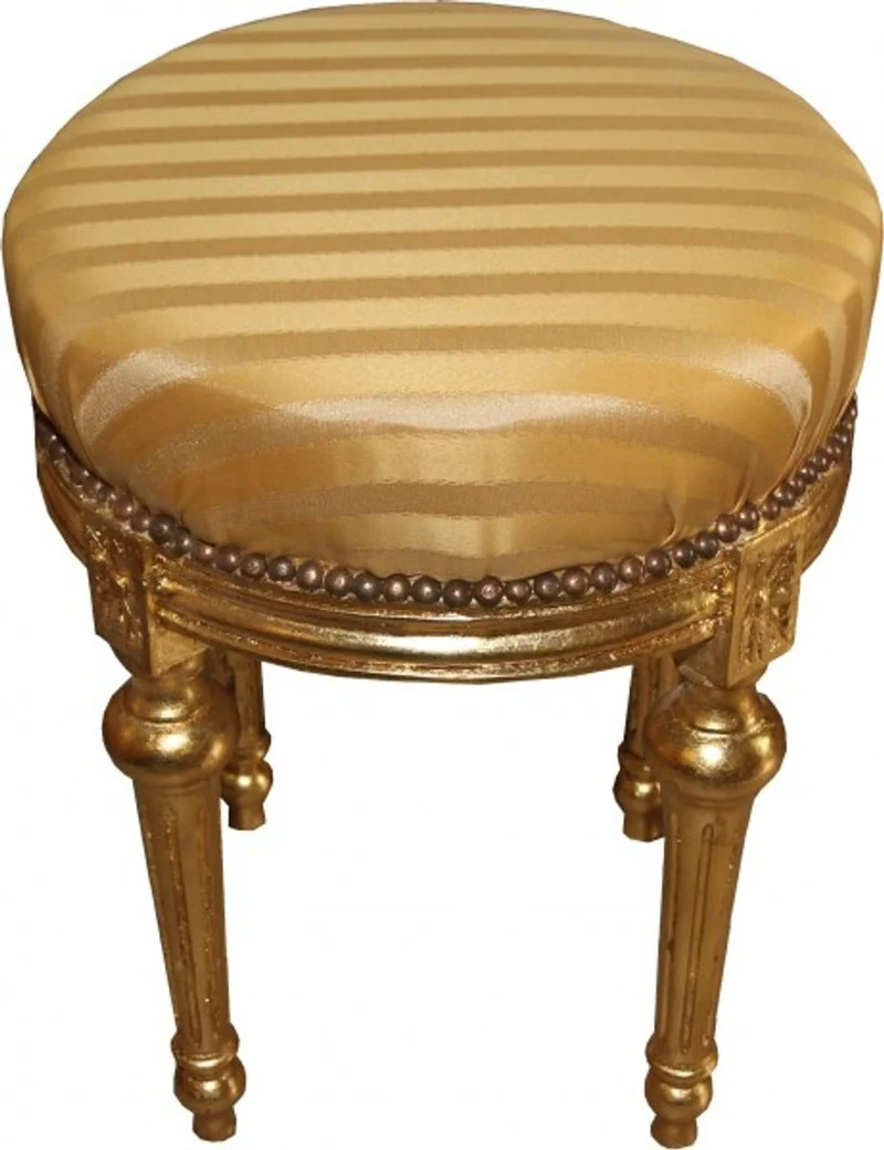 Casa Padrino Barock Sitzhocker - Rundhocker Gold Creme Streifen / Gold Ø 43 x H. 54 cm - Barock Hocker Möbel