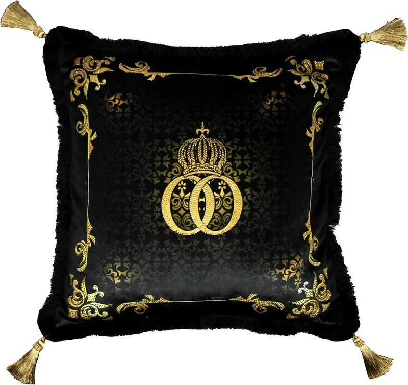 Casa Padrino Harald Glööckler Luxus Deko Barock Kissen Pompöös Schwarz / Gold Krone mit Strass und Troddeln 50 x 50 cm