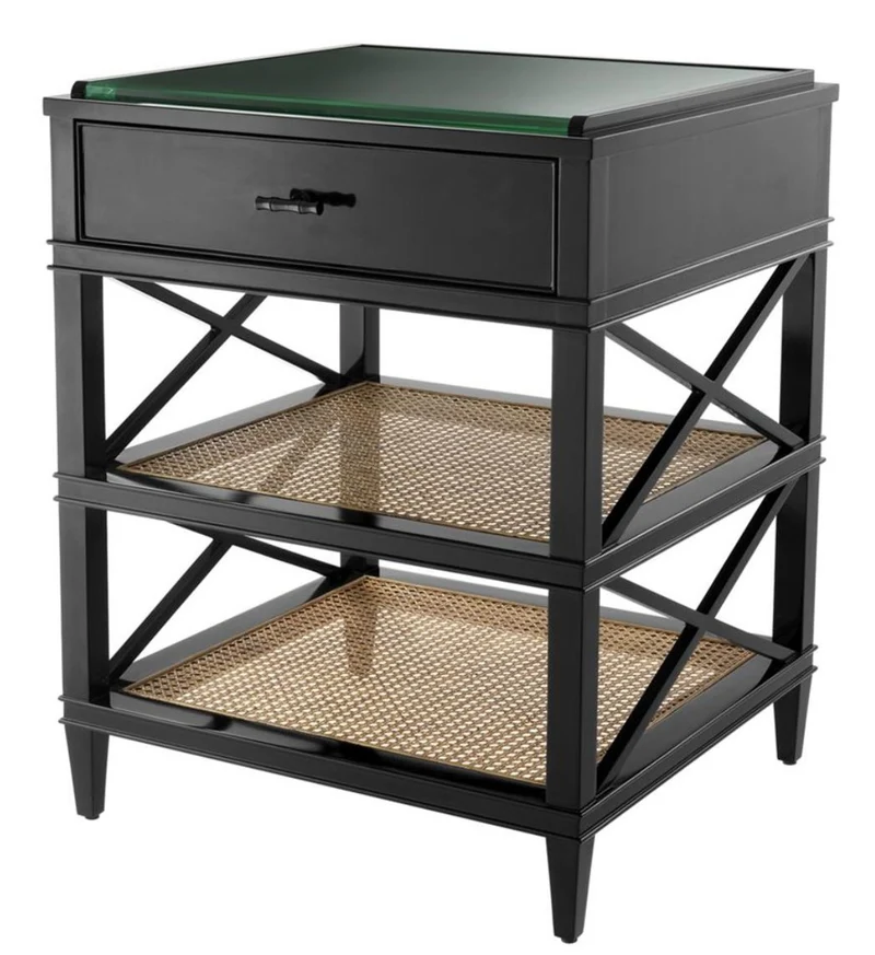 Casa Padrino Luxus Beistelltisch mit Schublade und Regal Schwarz / Naturfarben / Bronze 60 x 56 x H. 76 cm - Hotel Möbel