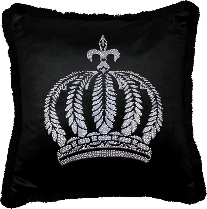 Casa Padrino Luxus Dekokissen Pompöös by Harald Glööckler Schwarz / Silber mit Krone und Strasssteinen 50 x 50 cm