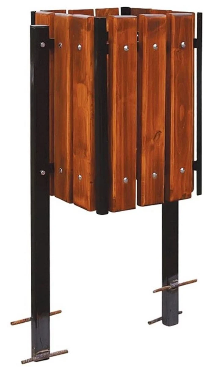 Casa Padrino Luxus Abfallbehälter Dunkelbraun / Schwarz 38 x 38 x H. 100 cm - Massivholz Abfallbehälter mit Stahl Beinen - Garten Mülleimer - Terrassen Mülleimer - Gastronomie Abfallbehälter
