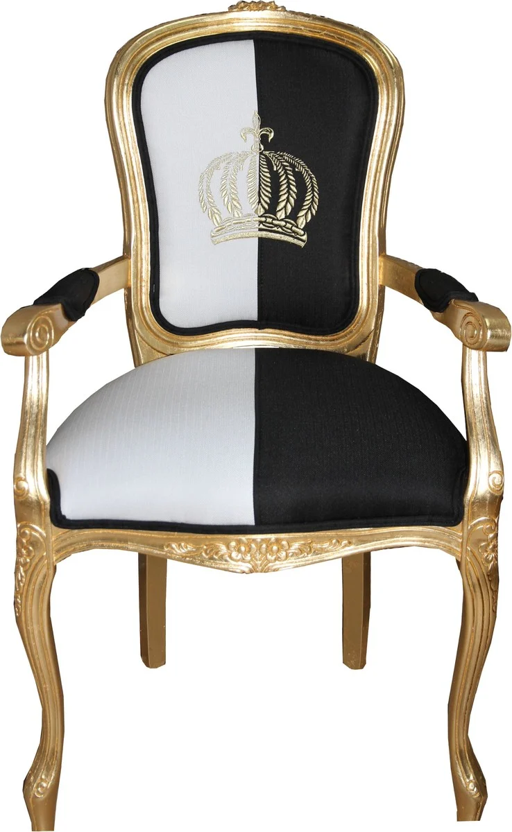 Casa Padrino Pompöös by Harald Glööckler Barock Esszimmerstuhl mit Armlehnen, Schwarz / Weiß / Gold, 48 x 54 x 100 cm