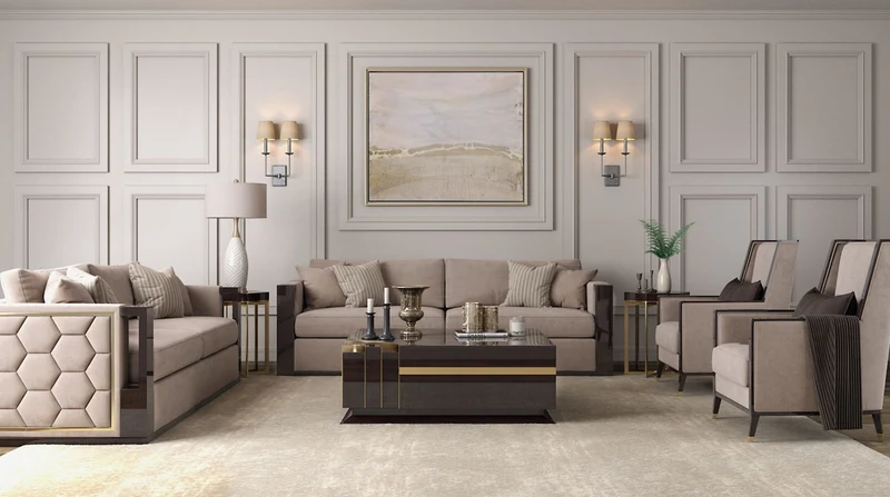 Casa Padrino Luxus Art Deco Wohnzimmer Set Beige / Dunkelbraun Hochglanz / Gold - 2 Sofas & 2 Sessel & 1 Couchtisch & 2 Beistelltische - Edle Wohnzimmer Möbel - Luxus Qualität