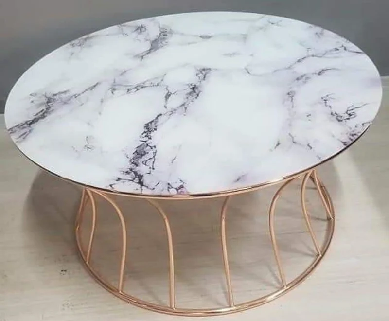 Casa Padrino Luxus Couchtisch Kupferfarben / Weiß Ø 90 x H. 45 cm - Runder Wohnzimmertisch mit Marmorplatte - Wohnzimmer Möbel