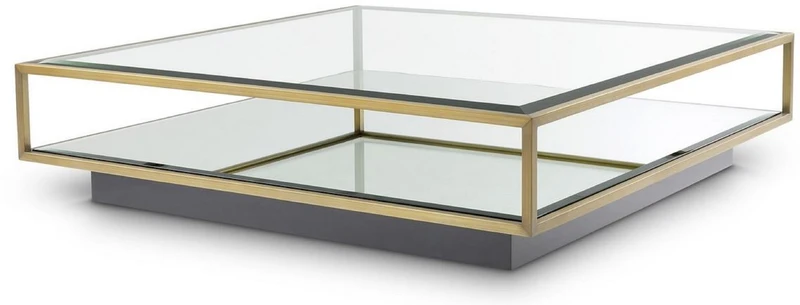 Casa Padrino Luxus Couchtisch Messingfarben / Schwarz 120 x 120 x H. 30 cm - Quadratischer Edelstahl Wohnzimmertisch mit Spiegelglas und Glasplatte - Wohnzimmer Möbel - Luxus Qualität