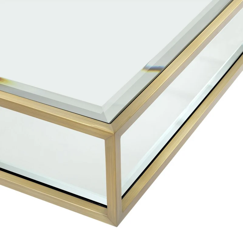 Casa Padrino Luxus Couchtisch Messingfarben / Schwarz 120 x 120 x H. 30 cm - Quadratischer Edelstahl Wohnzimmertisch mit Spiegelglas und Glasplatte - Wohnzimmer Möbel - Luxus Qualität