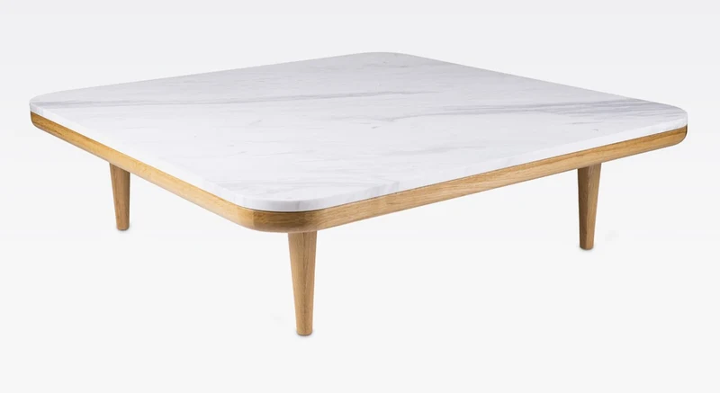 Casa Padrino Luxus Couchtisch Weiß / Naturfarben 120 x 120 x H. 35 cm - Moderner Eichenholz Wohnzimmertisch mit Volakas Marmorplatte - Wohnzimmer Möbel