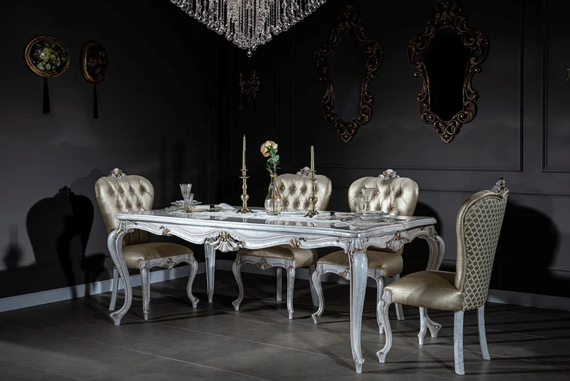 Casa Padrino Luxus Barock Esszimmer Set Gold / Antik Weiß - 1 Esstisch & 6 Esszimmerstühle - Esszimmermöbel im Barockstil - Edel & Prunkvoll