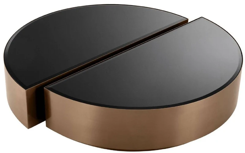 Casa Padrino Luxus Couchtisch Set Kupferfarben / Schwarz - 2 halbkreisförmige Edelstahl Wohnzimmertische mit abgeschrägten Glasplatten - Luxus Wohnzimmer Möbel
