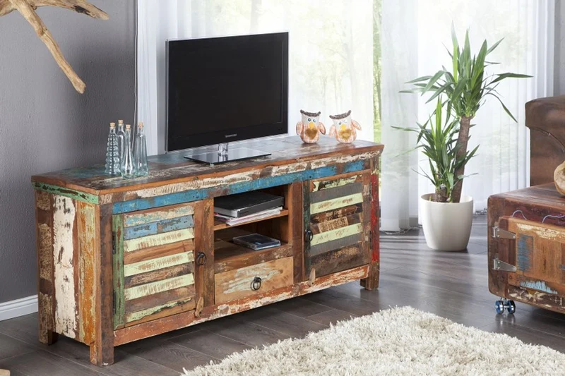 Casa Padrino Designer Sideboard Mehrfarbig B.150 x H.60 x T.40 - Fernsehschrank - Kommode - Handgefertigt - Massivholz