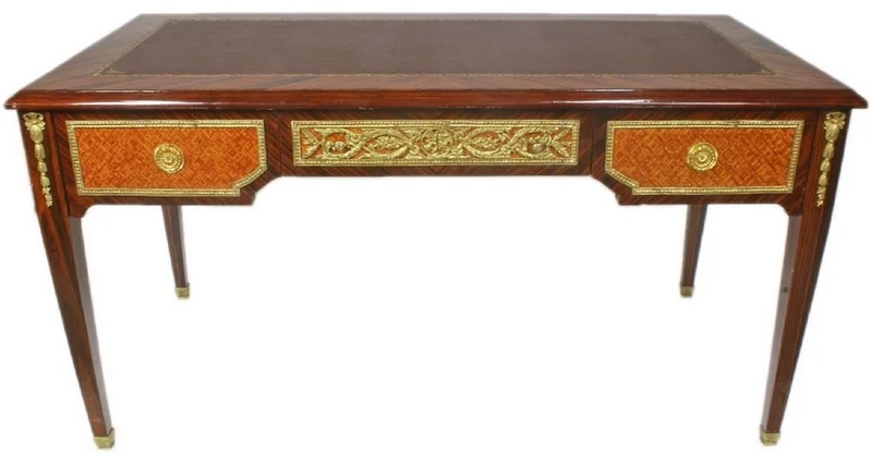 Casa Padrino Barock Schreibtisch Braun / Gold 180 x 70 x H. 80 cm - Handgefertigter Massivholz Bürotisch mit 3 Schubladen - Büro Möbel im Barockstil