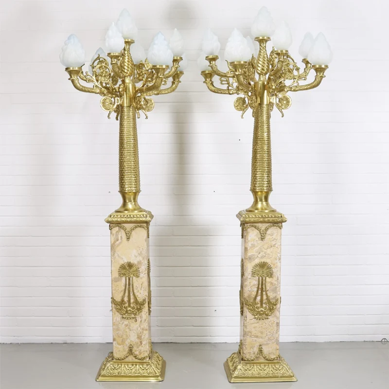 Casa Padrino Barock Stand Kronleuchter Set mit Marmor Säulen Creme / Gold - 80 x 200 cm