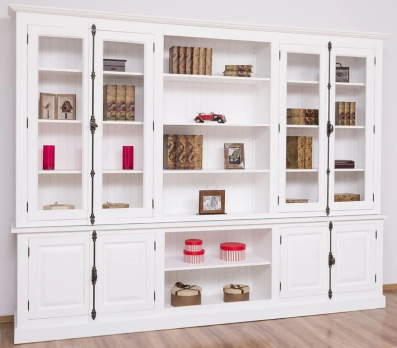 Casa Padrino Landhausstil Bücherschrank Weiß 300 x 50 x H. 230 cm - Massivholz Schrank - Wohnzimmerschrank - Büroschrank - Landhausstil Möbel