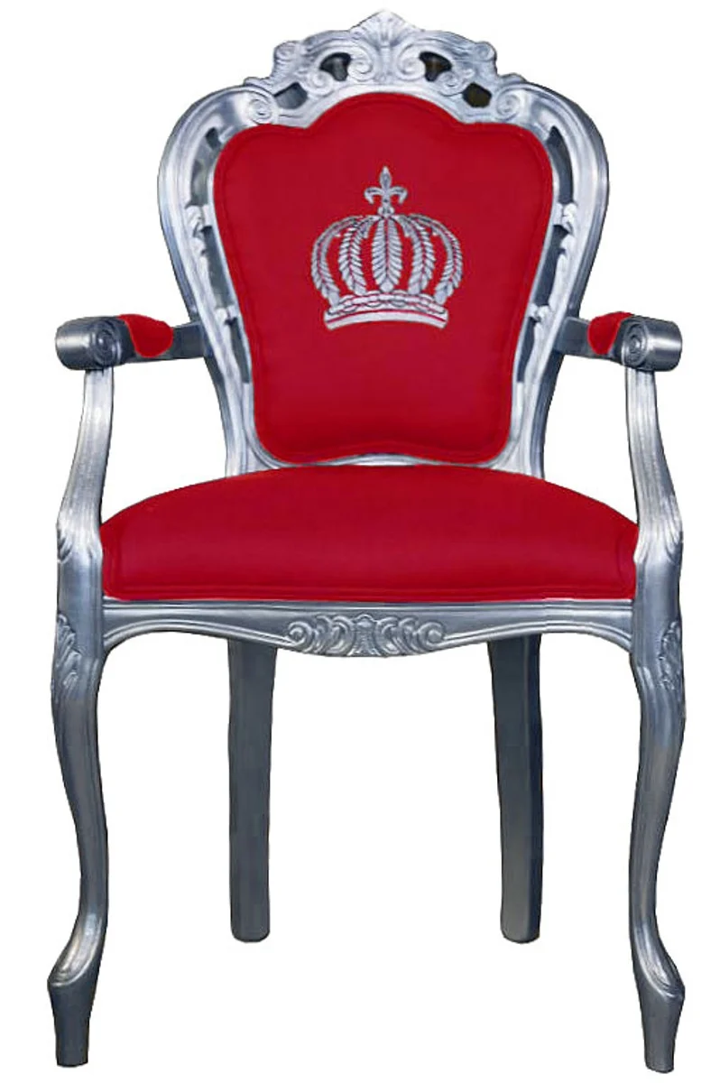 Casa Padrino Luxus Barock Esszimmerstuhl mit Armlehnen Pompöös by Harald Glööckler Rot / Silber 48 x 54 x 105 cm