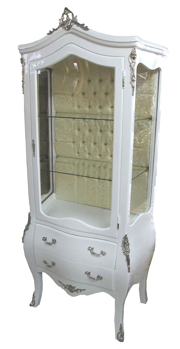 Casa Padrino Barock Vitrine Weiß / Silber - Luxuriöser Vitrinenschrank aus Holz mit Glas - 72 x 45 x H. 184 cm