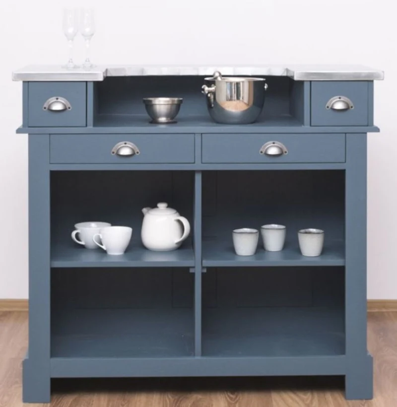 Casa Padrino Landhausstil Theke Blau / Silber 120 x 65 x H. 107 cm - Massivholz Thekentisch mit verzinkter Tischplatte - Barmöbel im Landhausstil