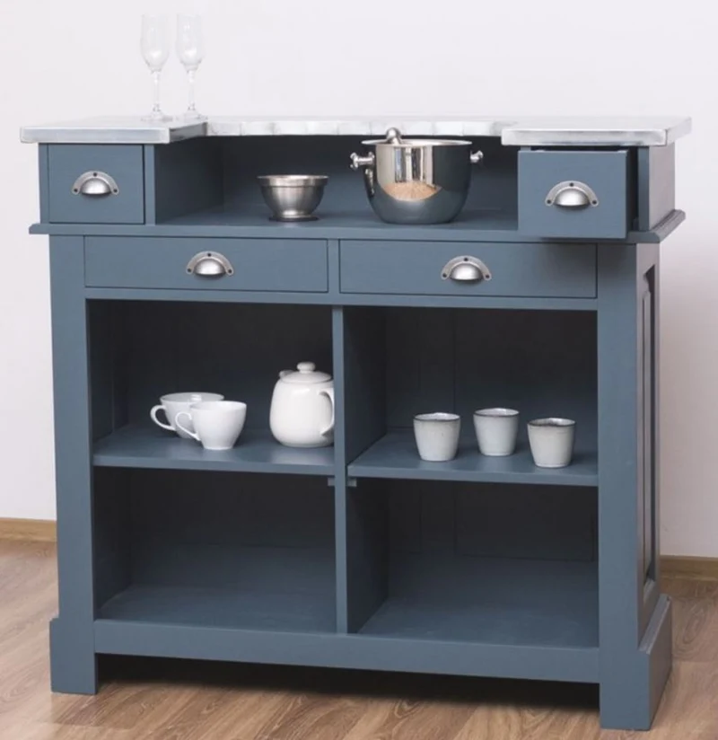 Casa Padrino Landhausstil Theke Blau / Silber 120 x 65 x H. 107 cm - Massivholz Thekentisch mit verzinkter Tischplatte - Barmöbel im Landhausstil