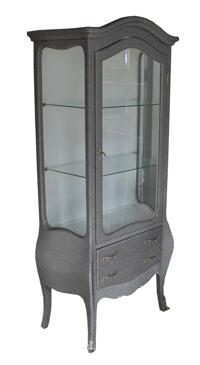 Casa Padrino Barock Vitrine im prunkvollen Grau-Silber Glitzerlook, 85 x 50 x 185 cm, massives Holz und Glas