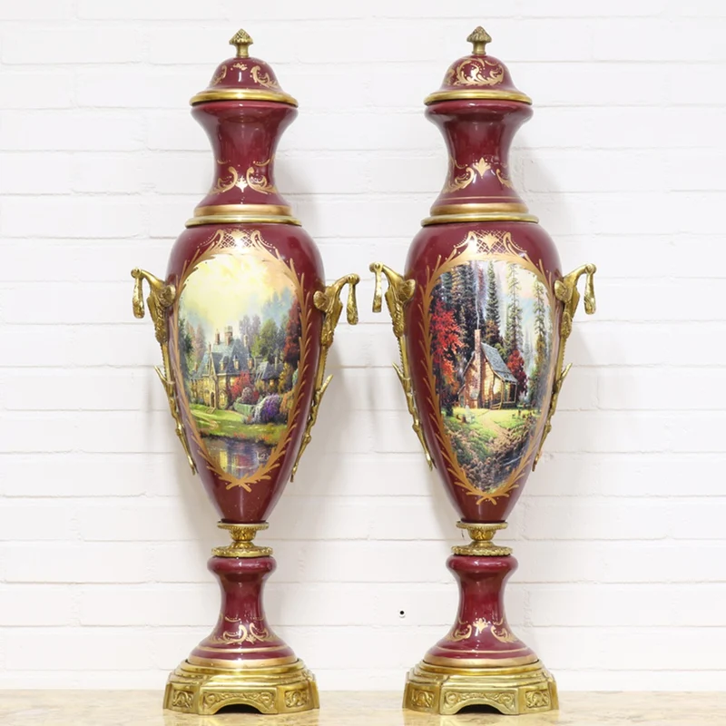Casa Padrino Deko Vasen Bordeauxrot / Gold 30 x H. 100 cm - Barockstil Porzellan Vasen Set