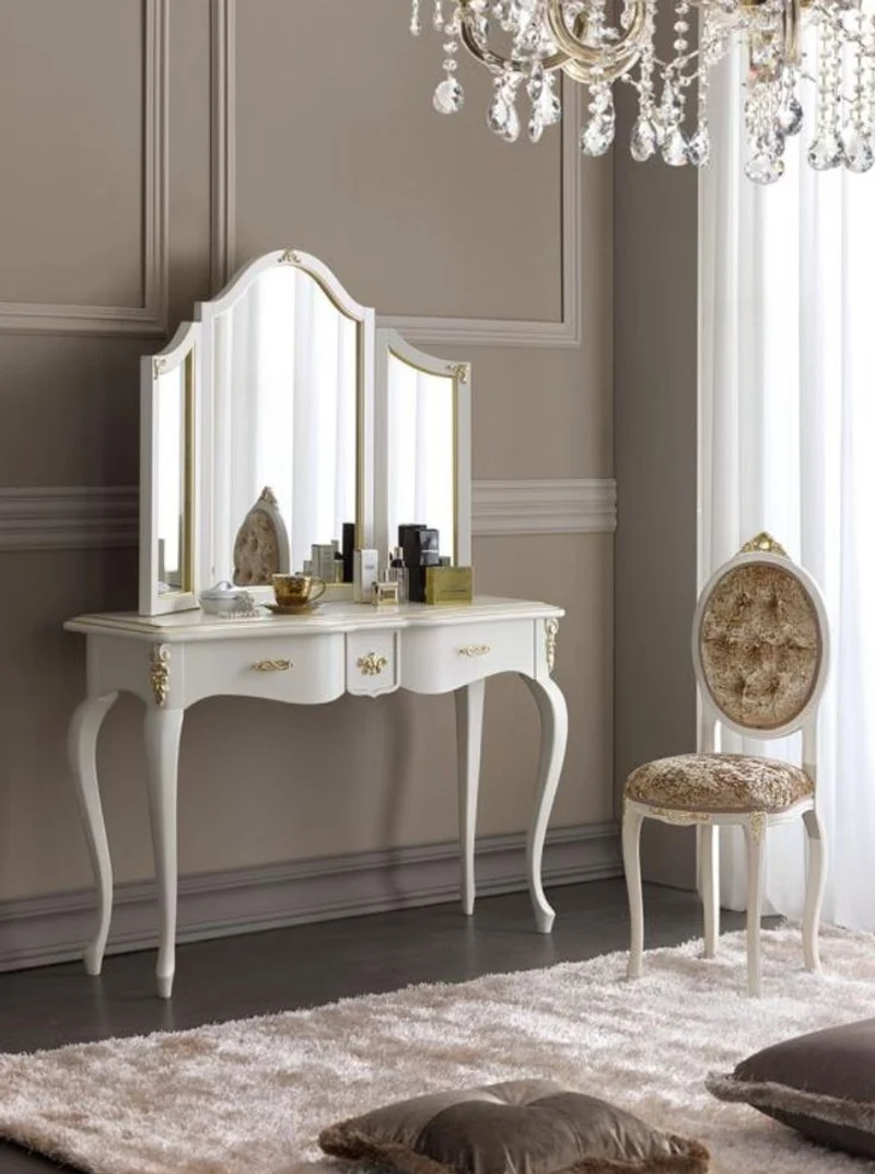 Casa Padrino Luxus Barock Spiegelkonsolen Set Braun / Weiß / Gold - Eleganter Konsolentisch mit Spiegel und Damenstuhl - Luxus Barock Schlafzimmer Möbel