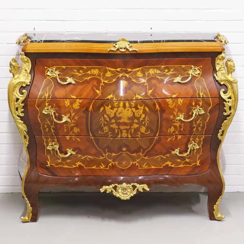 Casa Padrino Barockstil Kommode mit 3 Schubladen und Marmorplatte in braun, gold und schwarz, 120 x 50 x H. 95 cm